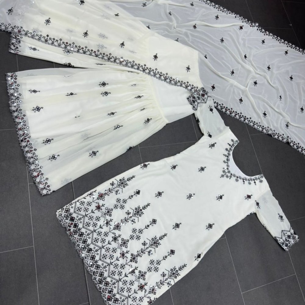 BEAUTIFUL SARA ALI KHAN WHITE SHRARA SET WITH ALL OVER SEQUENCE EMBROIDFERY WORK - Picture 6 of 12
